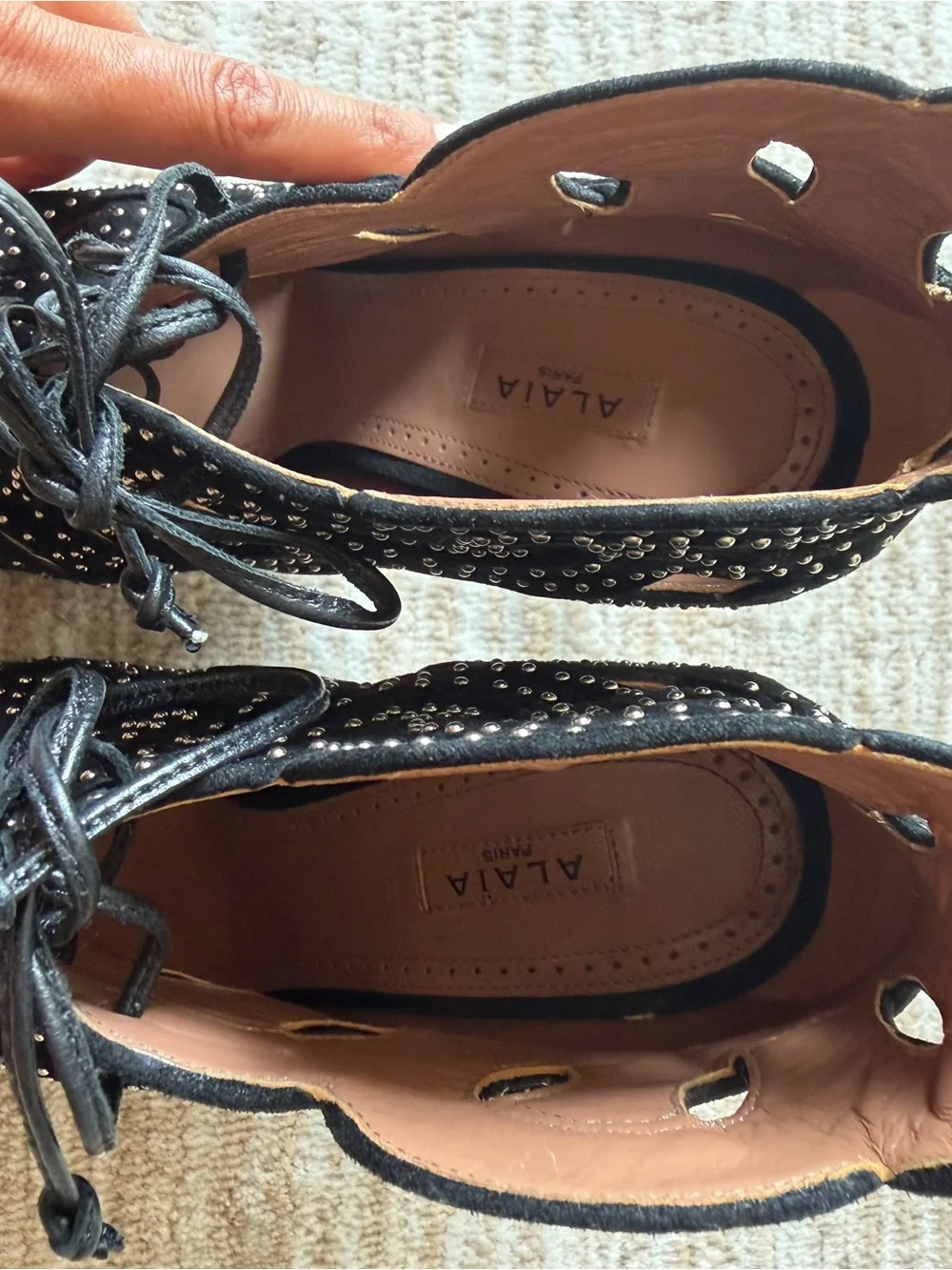 ALAIA Black Studded Lace-Up Peep Toe Boots. Size 38
